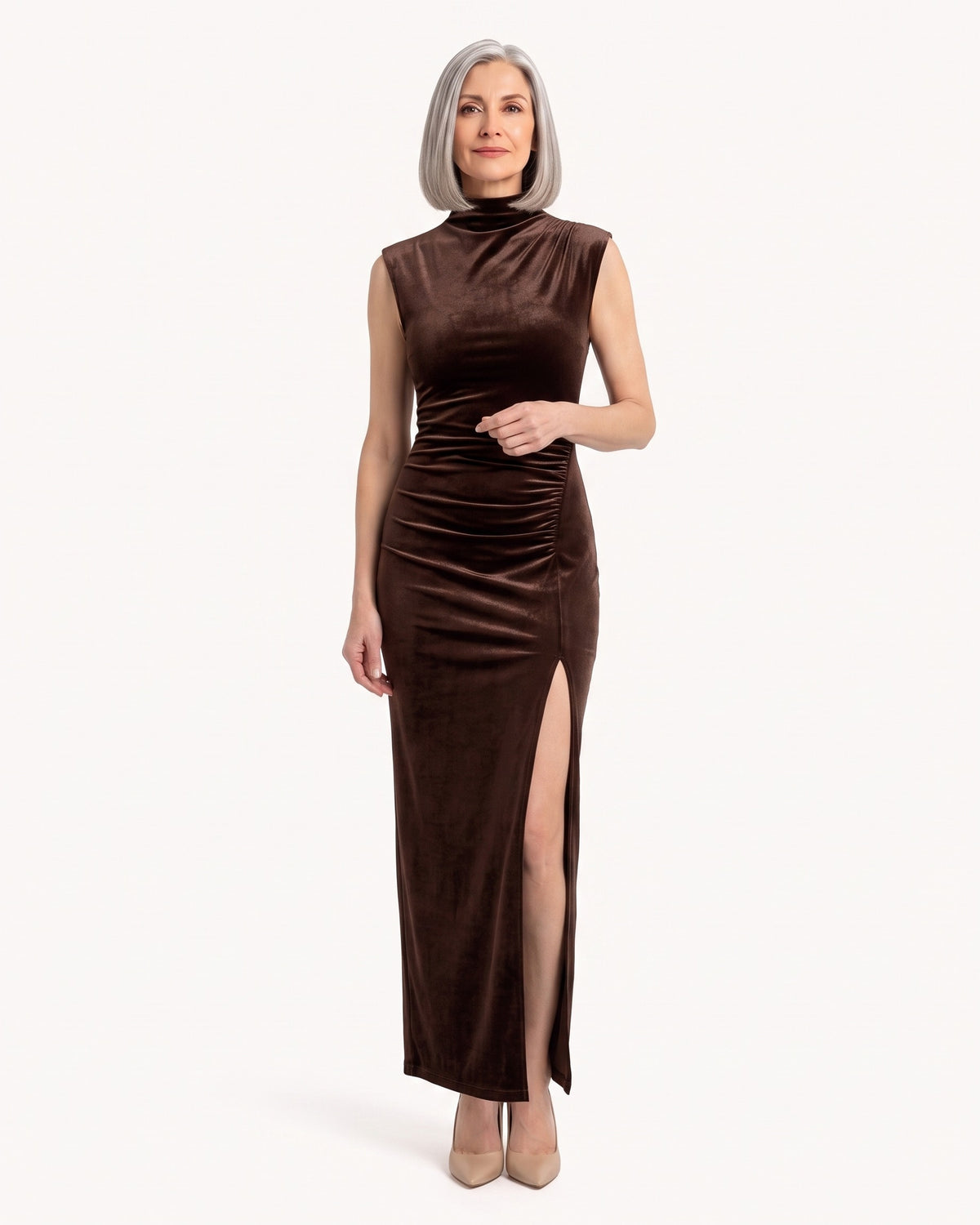 Chocolate-brown velvet maxi dress with sleeveless mock neck, ruched bodycon and slit