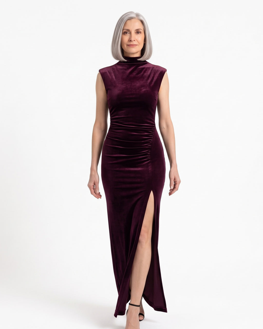 Burgundy velvet maxi dress with sleeveless mock neck, ruched bodycon, high slit