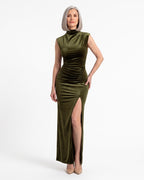 Green velvet maxi dress with sleeveless mock neck, ruched bodycon, high slit