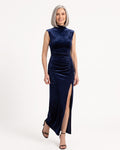 Navy velvet maxi dress with mock neck, ruched waist, sleeveless bodycon, high slit