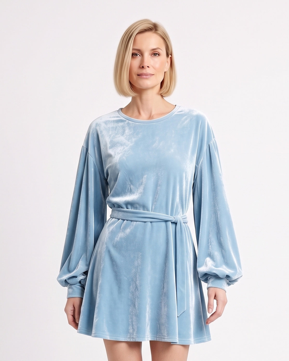 Velvet mini dress in light blue with round neck, long lantern sleeves, tie waist