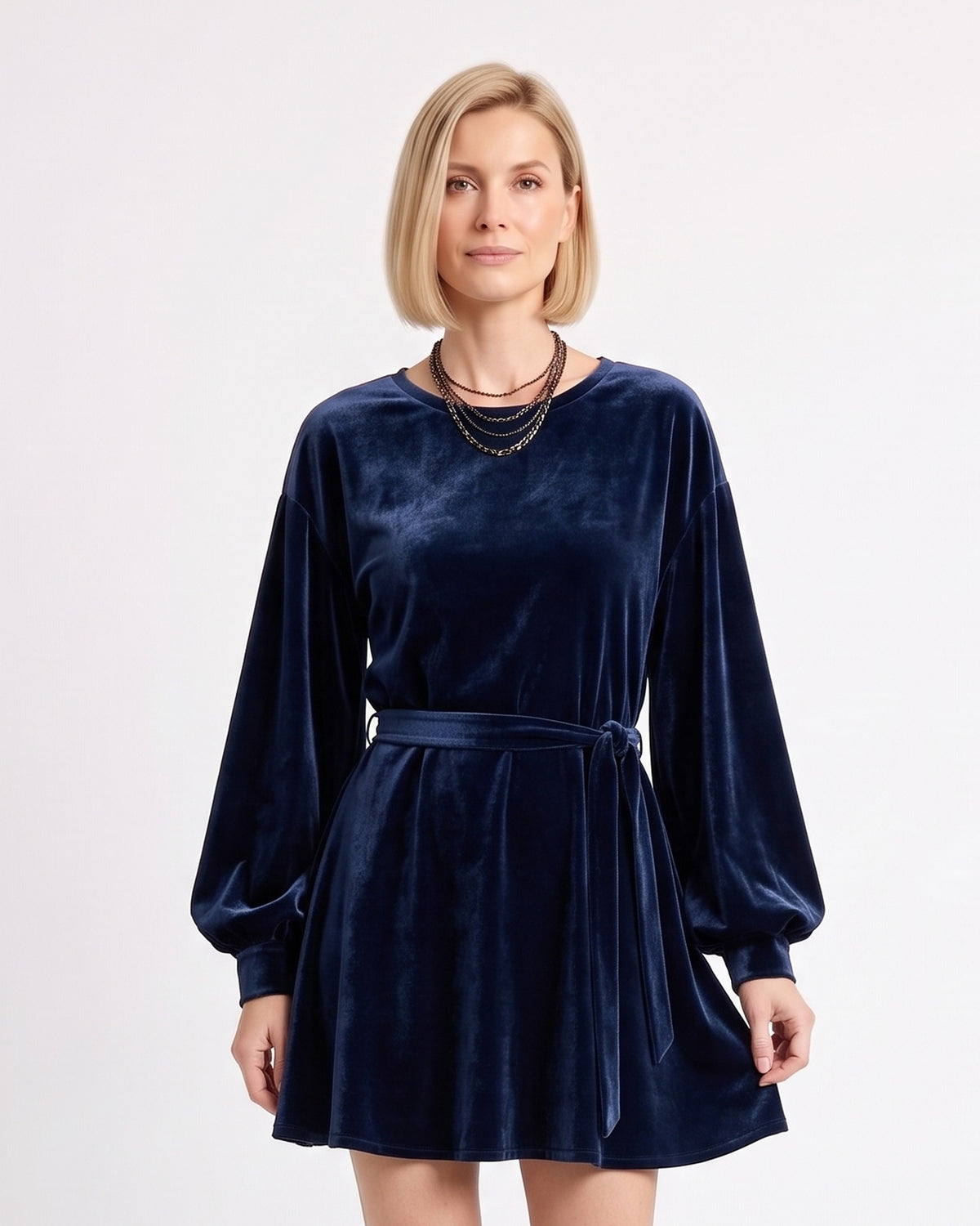 Velvet mini dress in navy blue with round neck, long lantern sleeves, tie waist