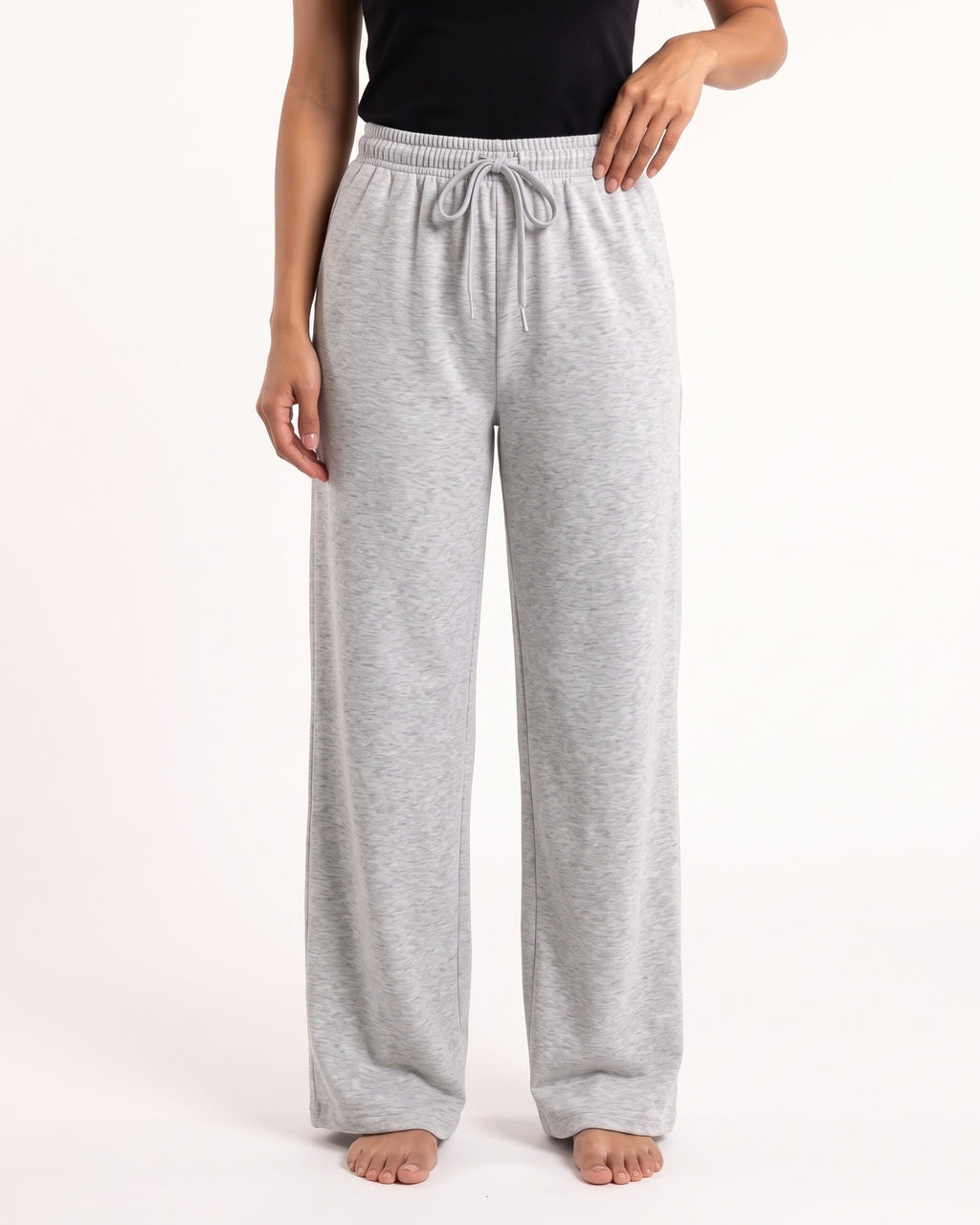 Women's wide-leg cotton sweatpants, light gray with elastic waist and drawstring