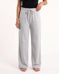 Women's wide-leg cotton sweatpants, light gray with elastic waist and drawstring