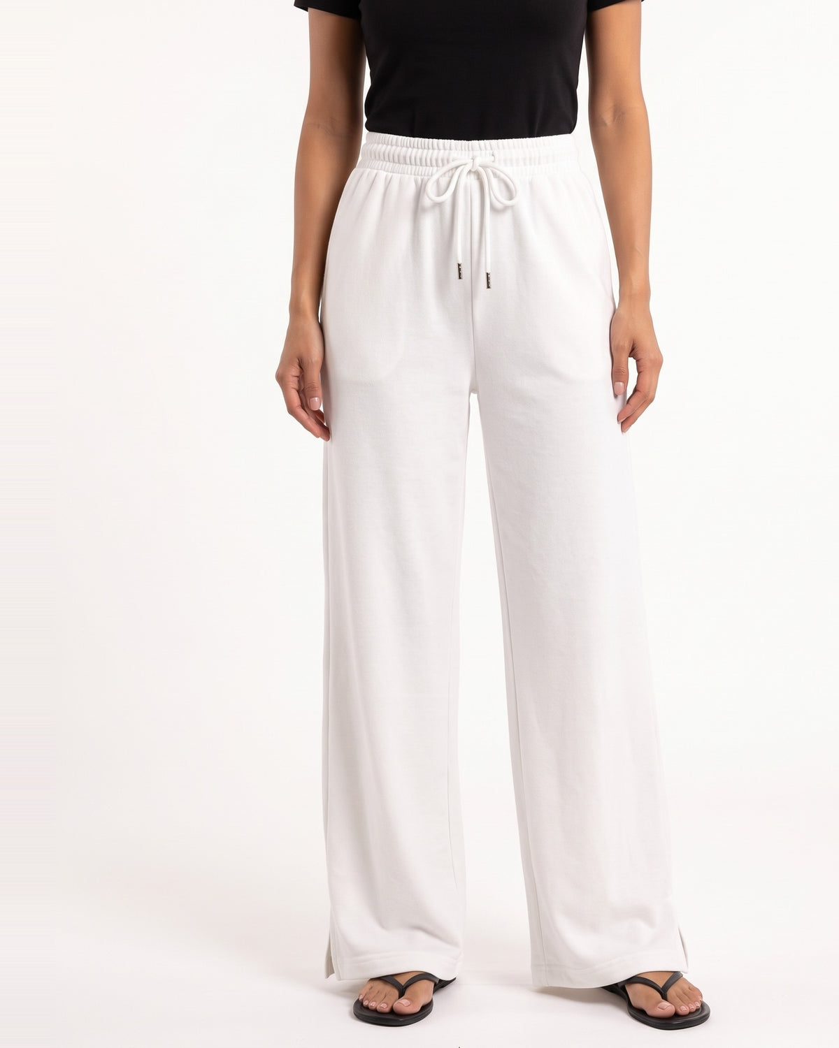 Women's wide-leg cotton sweatpants, white with elastic waist and drawstring
