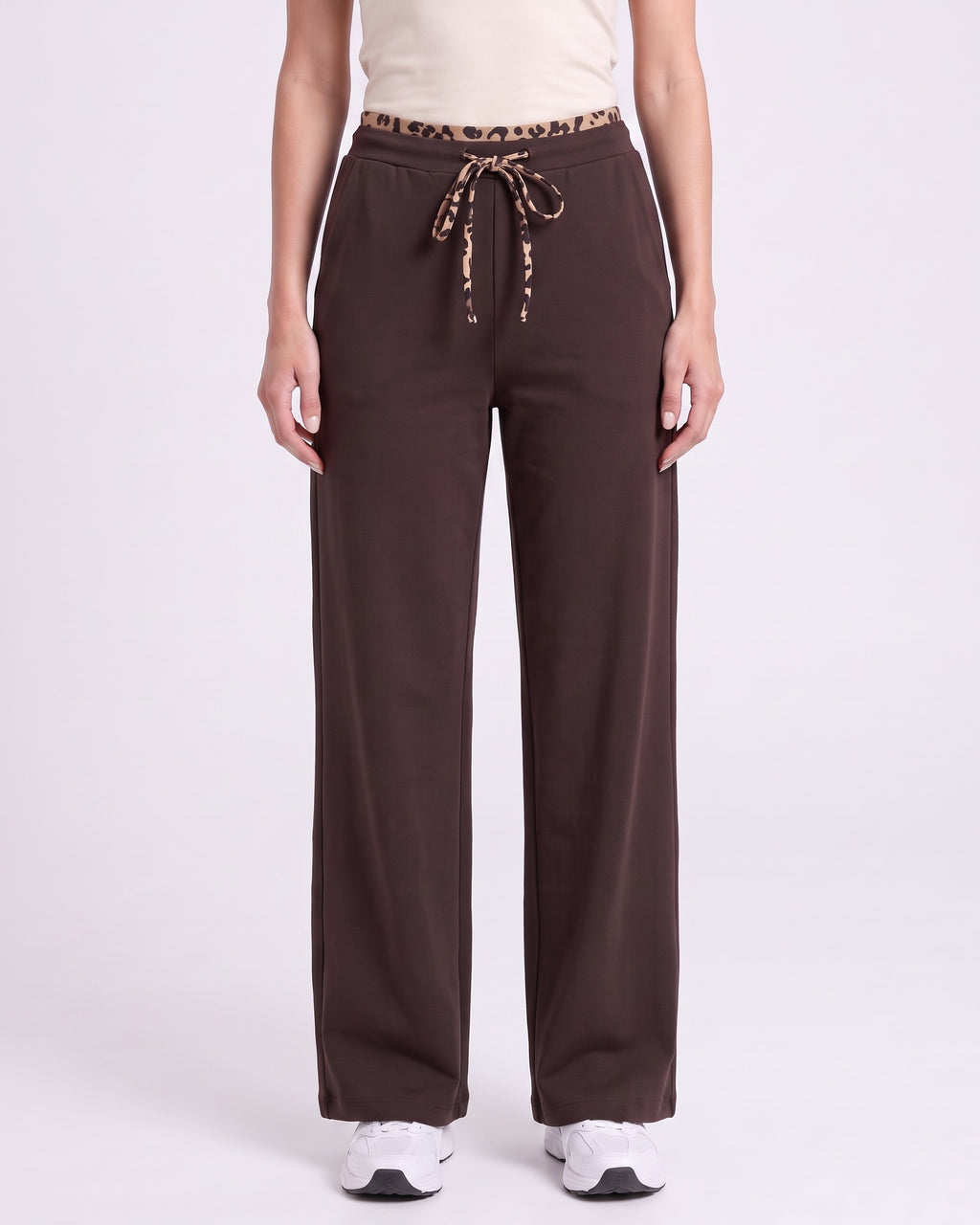 Dark brown wide-leg sweatpants with leopard trim waistband, drawstring and side pockets