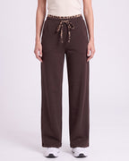 Dark brown wide-leg sweatpants with leopard trim waistband, drawstring and side pockets