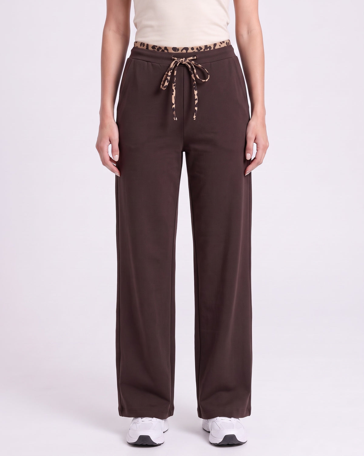 Dark brown wide-leg sweatpants with leopard trim waistband, drawstring and side pockets