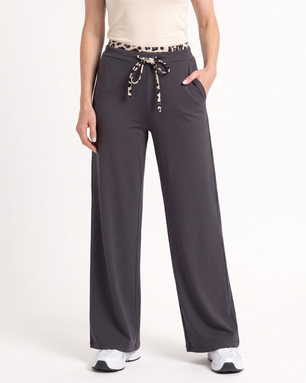 Dark gray wide-leg sweatpants with leopard trim waistband, drawstring and side pockets