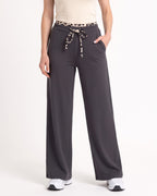 Dark gray wide-leg sweatpants with leopard trim waistband, drawstring and side pockets
