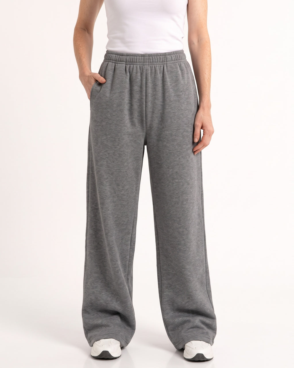 Women's gray wide-leg sweatpants with elastic high waist