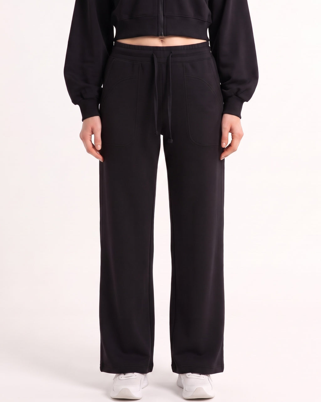 Black wide-leg sweatpants with drawstring waist and roomy straight legs