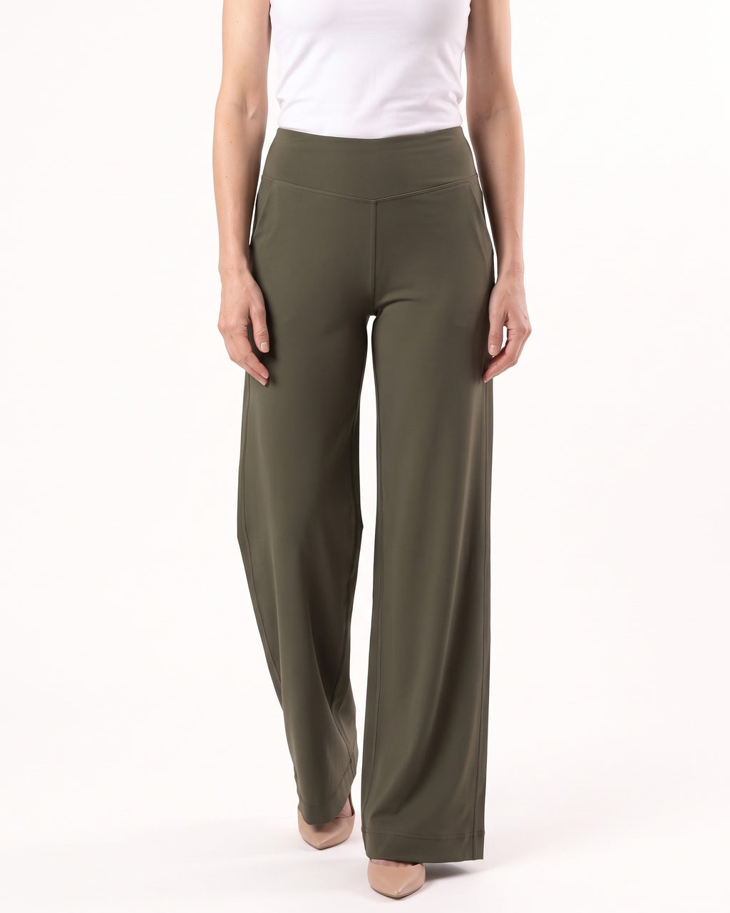Women’s high-waisted wide-leg yoga pants, straight cut, army green soft stretch nylon