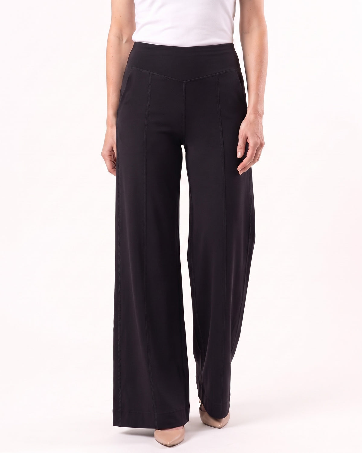 Women’s high-waisted wide-leg yoga pants, straight cut, black soft stretch nylon