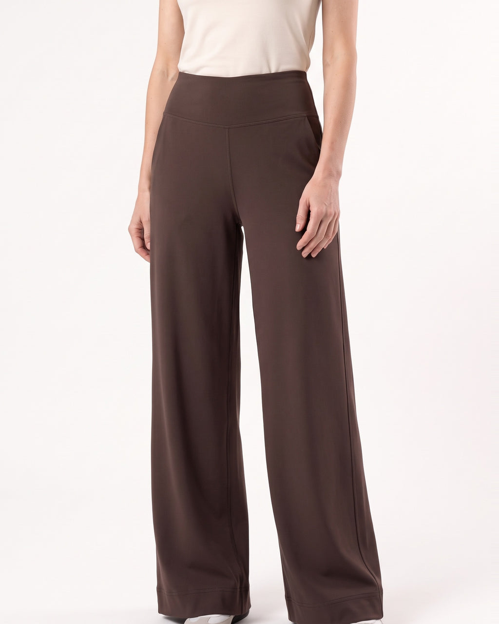 Women’s high-waisted wide-leg yoga pants, straight cut, dark brown soft stretch nylon