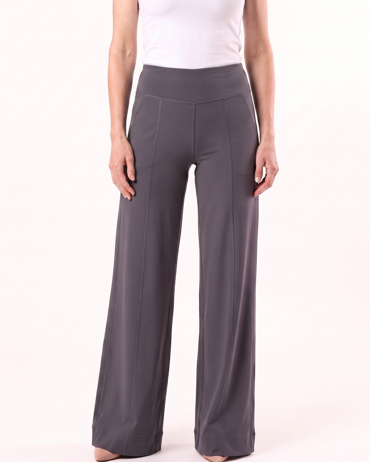 Women’s high-waisted wide-leg yoga pants, straight cut, dark gray soft stretch nylon