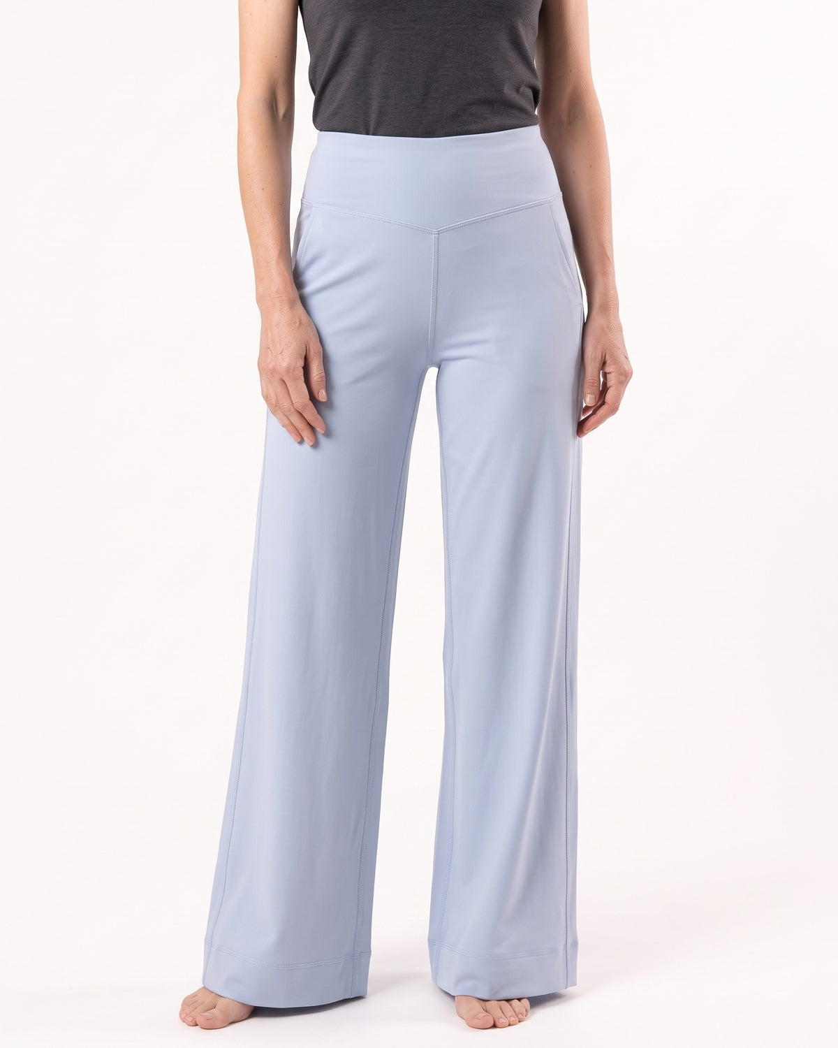 Women’s high-waisted wide-leg yoga pants, straight cut, light blue soft stretch nylon