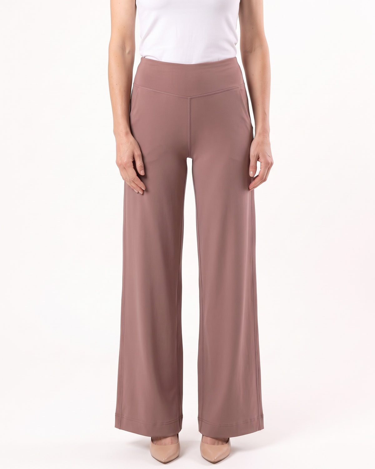 Women’s high-waisted wide-leg yoga pants, straight cut, mauve rose soft stretch nylon