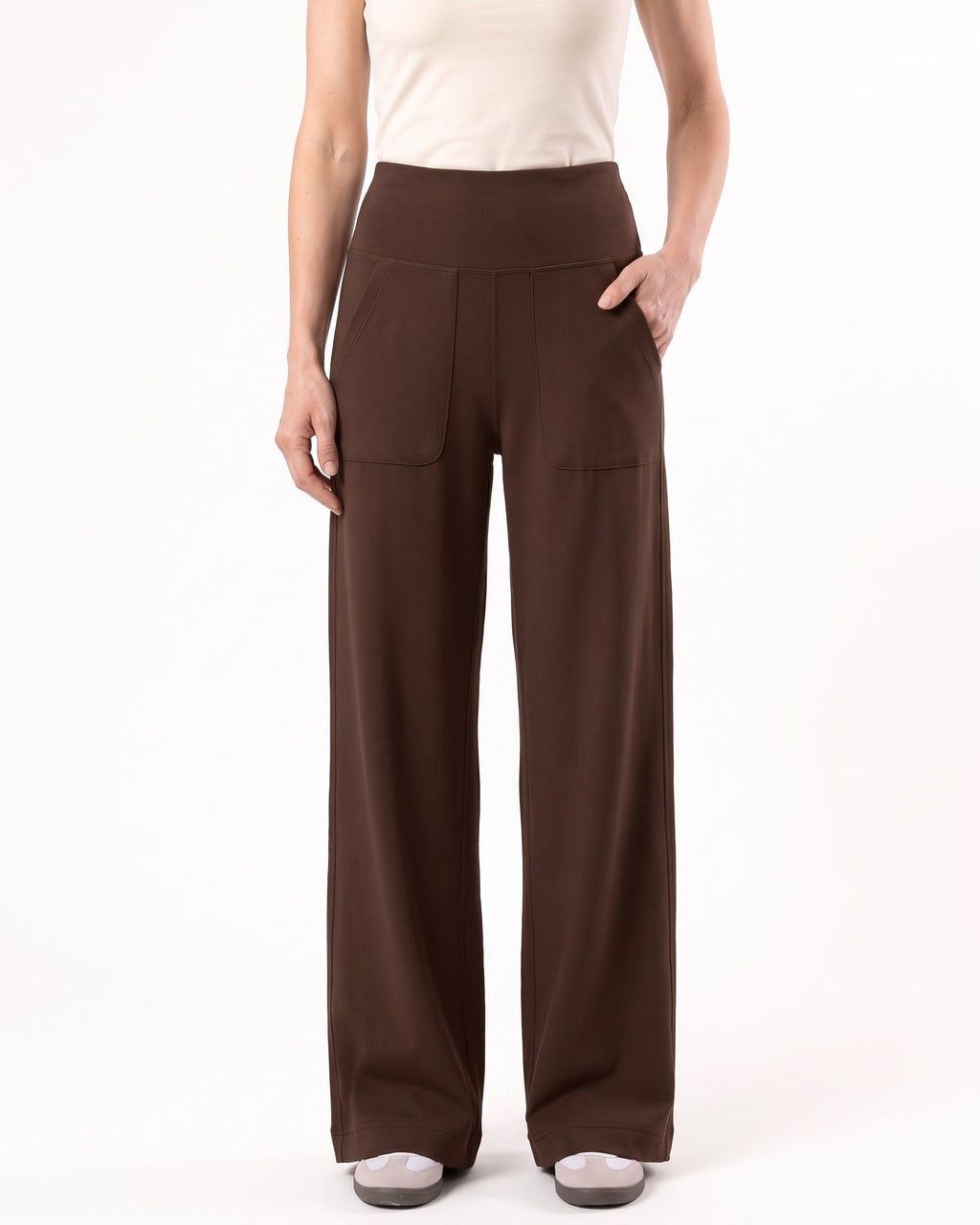 Dark brown wide-leg pants with a high waistband and front pockets.