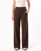 Dark brown wide-leg pants with a high waistband and front pockets.