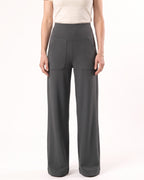 Dark gray wide-leg yoga pants with a high waistband and large front pockets.