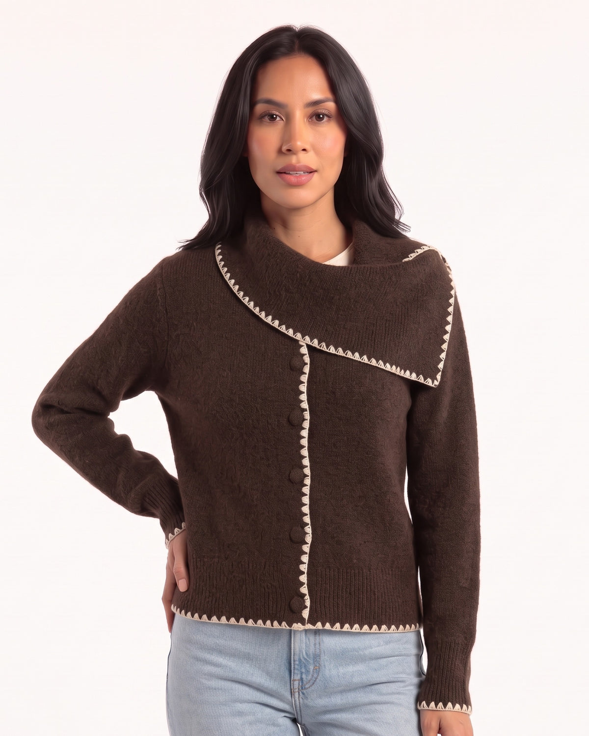 Women’s wool cardigan, dark brown, asymmetric scarf collar, button front, blanket stitch trim