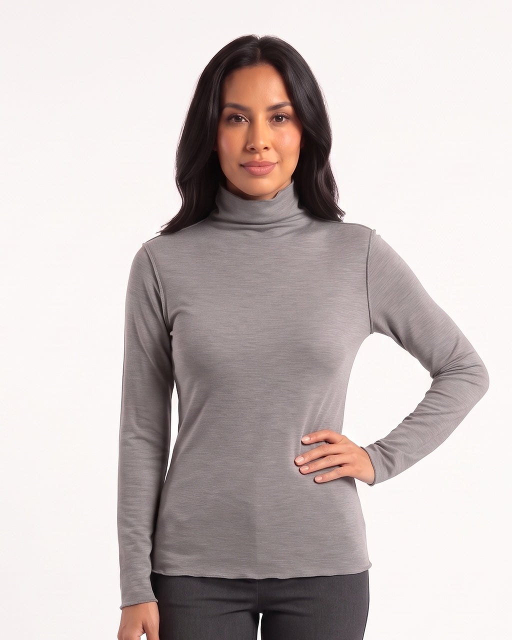 Gray fitted mock neck long-sleeve base layer top on model