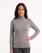 Gray fitted mock neck long-sleeve base layer top on model
