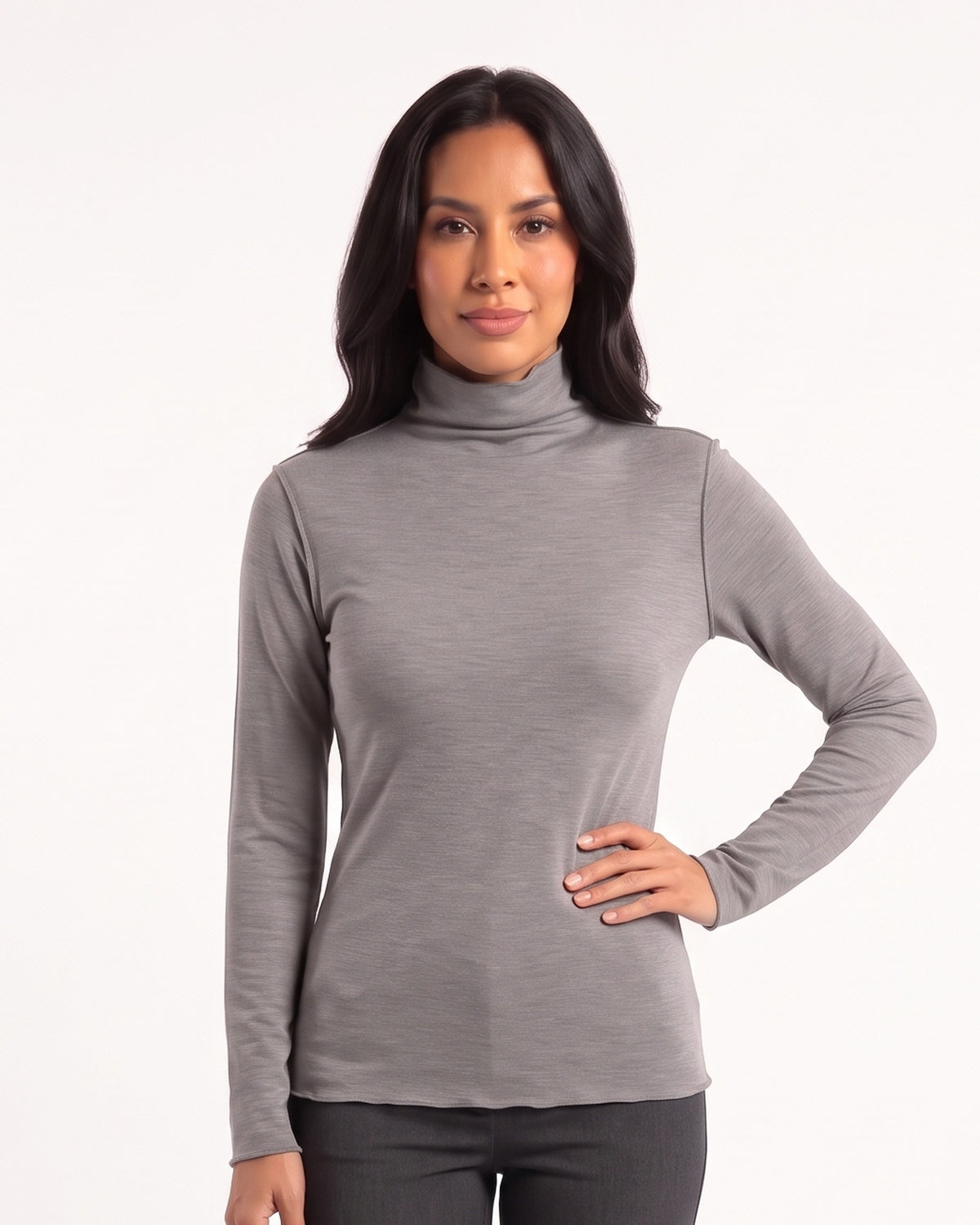 Gray fitted mock neck long-sleeve base layer top on model