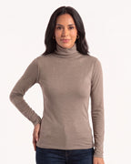 Taupe fitted mock neck long-sleeve base layer top on model