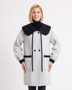 Women’s wool-blend coat in light gray with oversized black collar and double-breasted front buttons