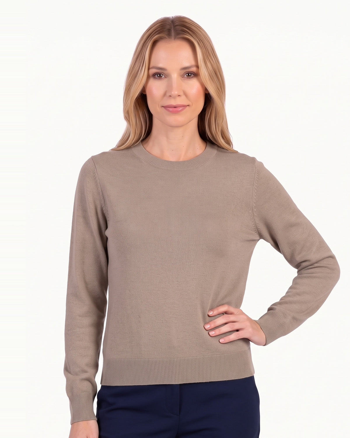 Women’s beige wool crew neck sweater, fine knit pullover with long sleeves