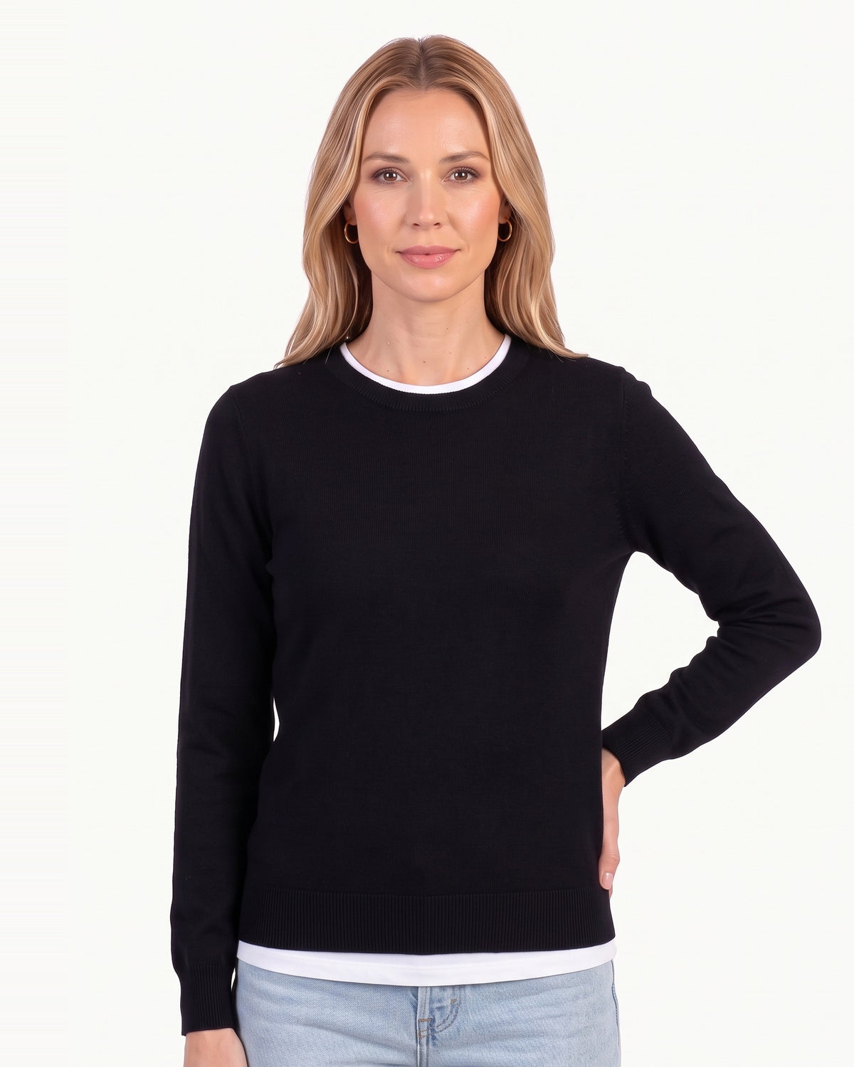 Women’s black wool crew neck sweater with contrasting white ribbed hem and cuffs