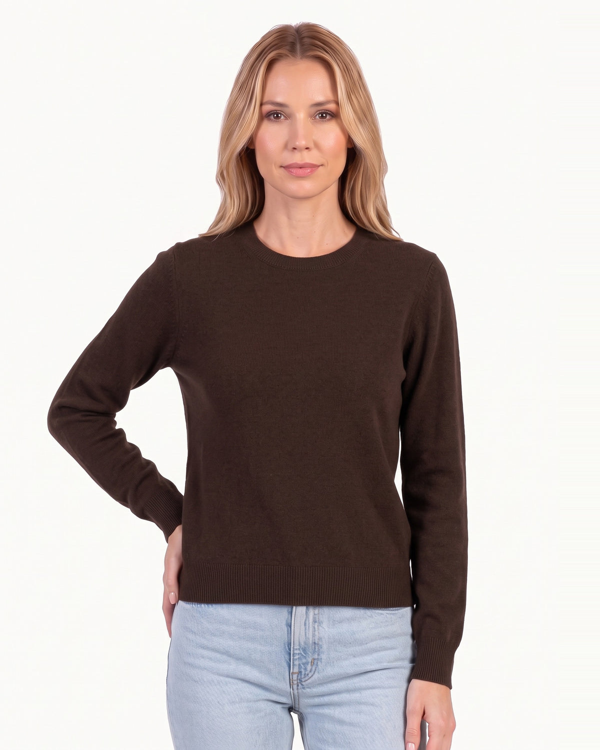 Women’s dark brown wool crew neck sweater, fine knit pullover with long sleeves