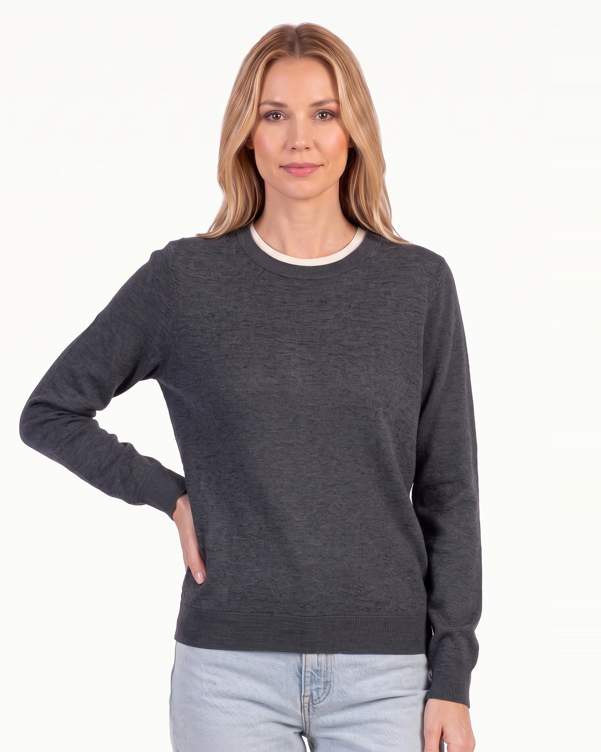 Charcoal dark gray crew neck fine-knit wool pullover sweater with ribbed cuffs and hem.