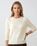 Cream off-white crew neck fine-knit wool pullover sweater with ribbed cuffs and hem.