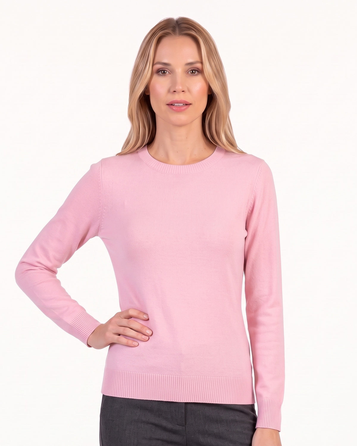 Women’s fine-knit crew neck sweater, pink, long sleeves