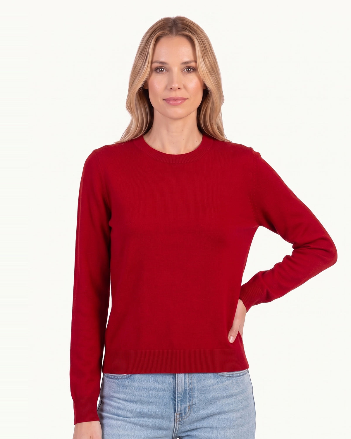 Women’s red wool crew neck sweater, fine knit pullover with long sleeves