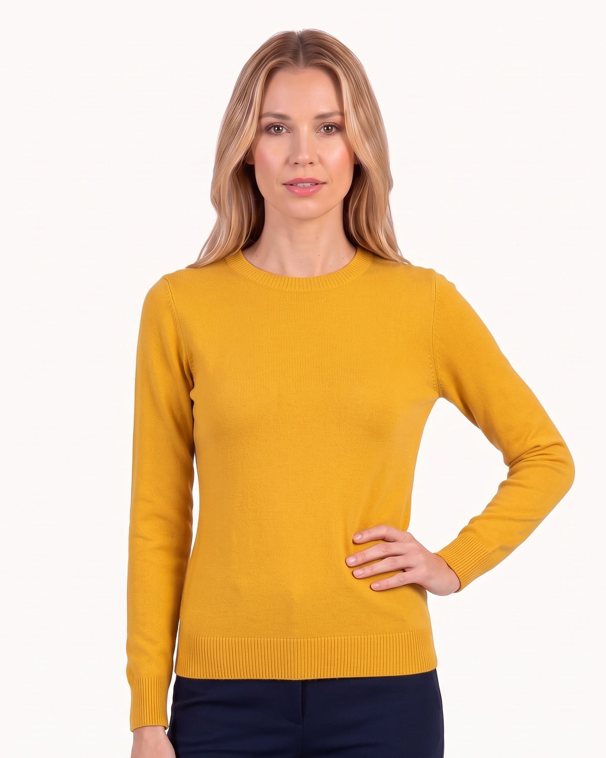 Women’s fine-knit crew neck sweater, mustard yellow, long sleeves