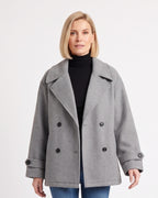 Gray pea coat with notch lapels and double-breasted button front, buttoned cuffs