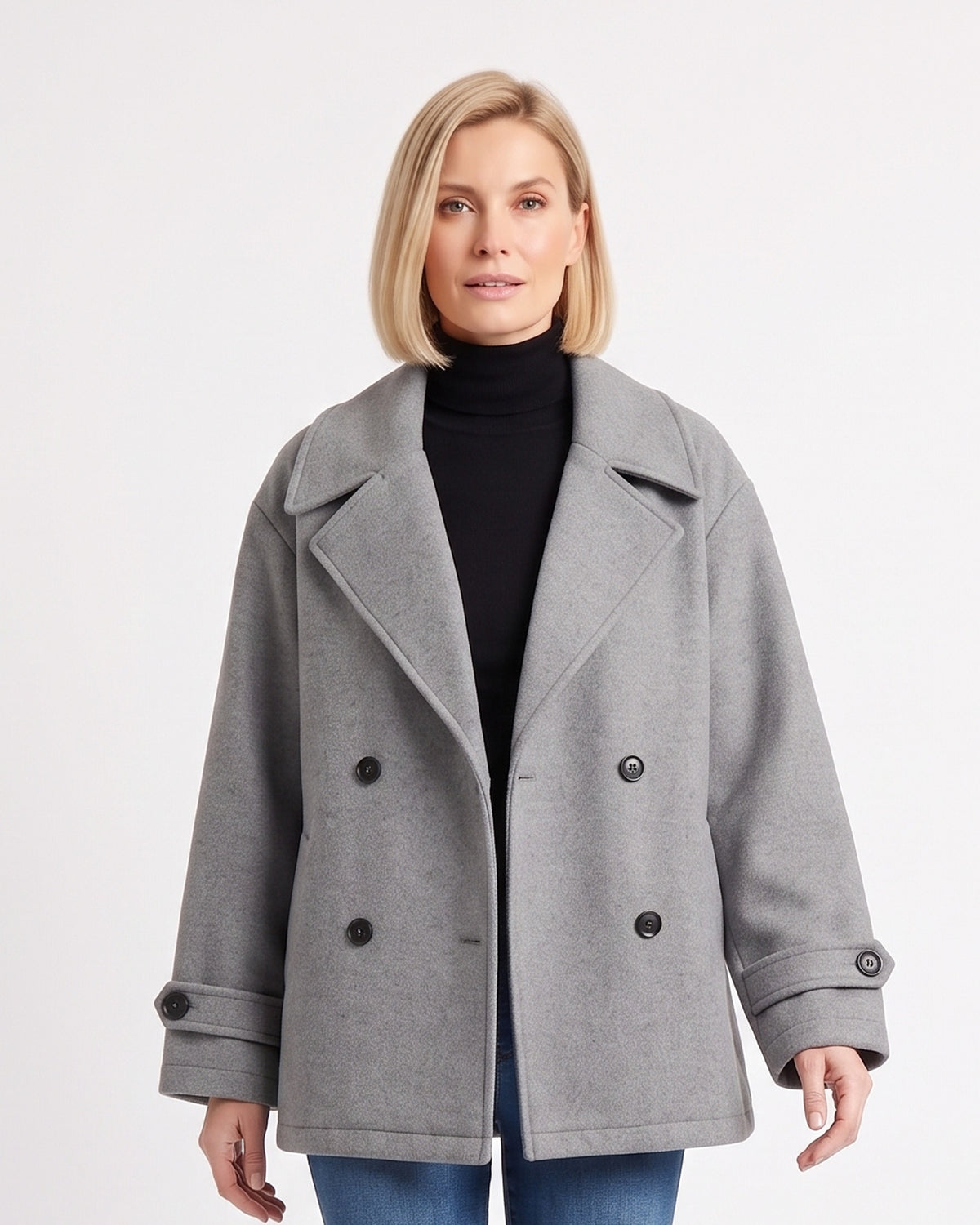 Gray pea coat with notch lapels and double-breasted button front, buttoned cuffs