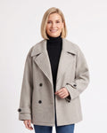 Light gray pea coat with notch lapels, double-breasted buttons, and relaxed fit