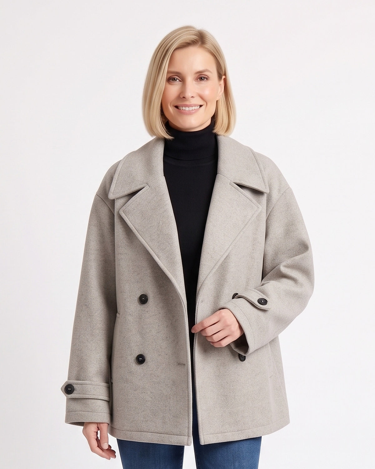 Light gray pea coat with notch lapels, double-breasted buttons, and relaxed fit