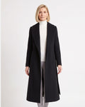 Black long wrap coat with shawl collar, open front, long maxi length