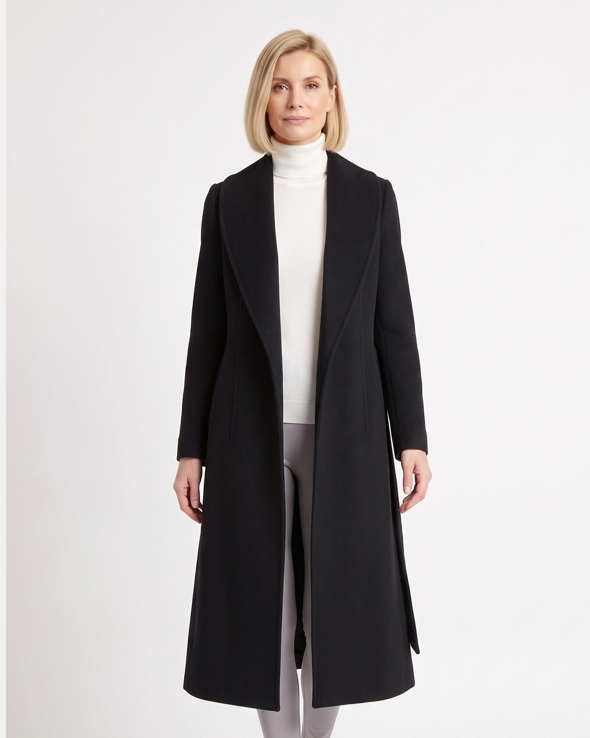 Black long wrap coat with shawl collar, open front, long maxi length