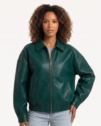 Dark green faux leather bomber jacket with collared zip front and elastic hem
