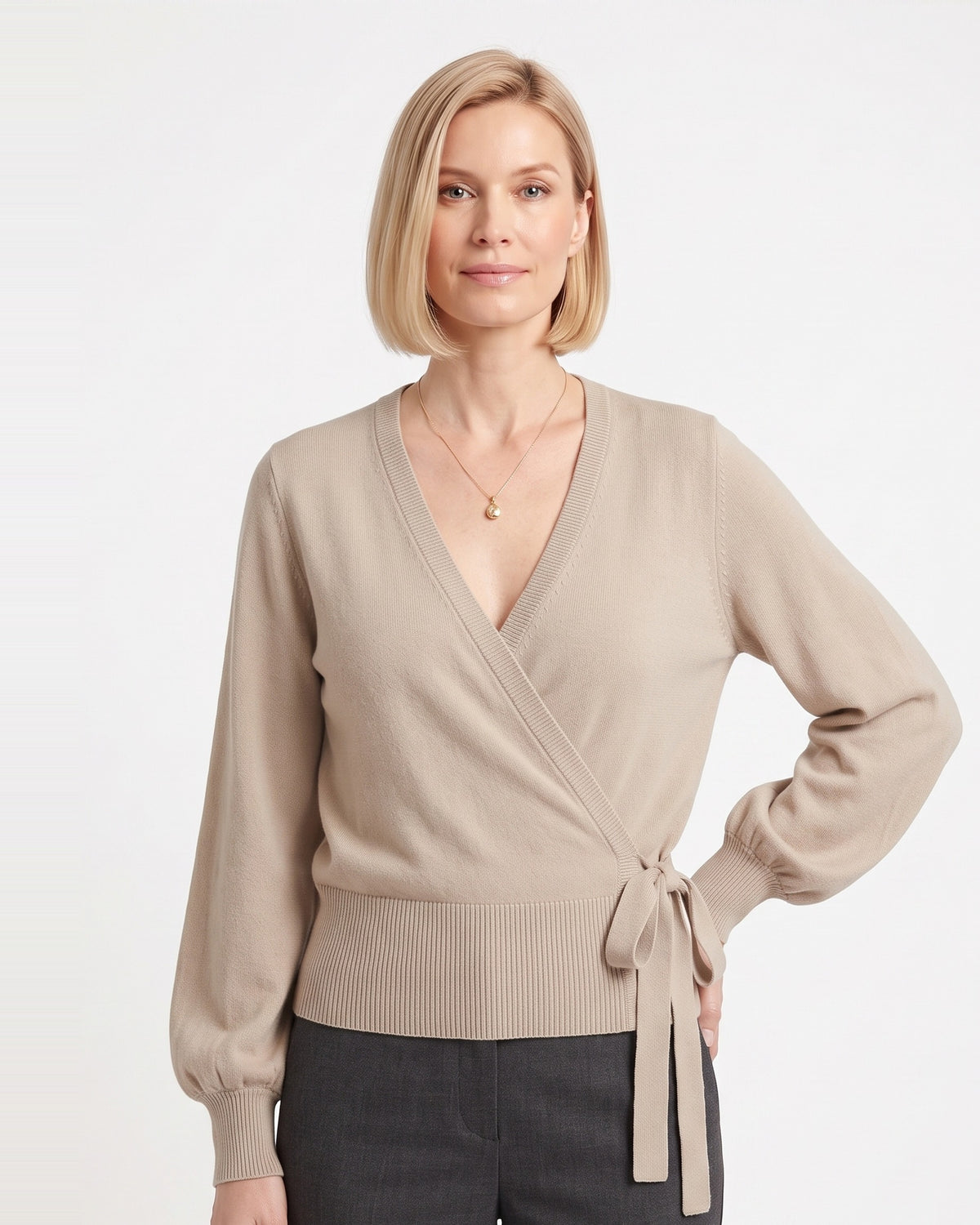 Wrap Sweater for Women — Cropped V Neck Knit Top with Side Tie Waist in Soft Wool Blend