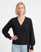 Black cropped wrap knit sweater with V-neck and side tie waist long sleeves