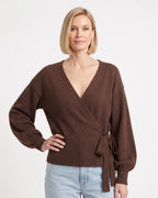 Chocolate brown cropped wrap knit sweater with V-neck and side tie waist long sleeves