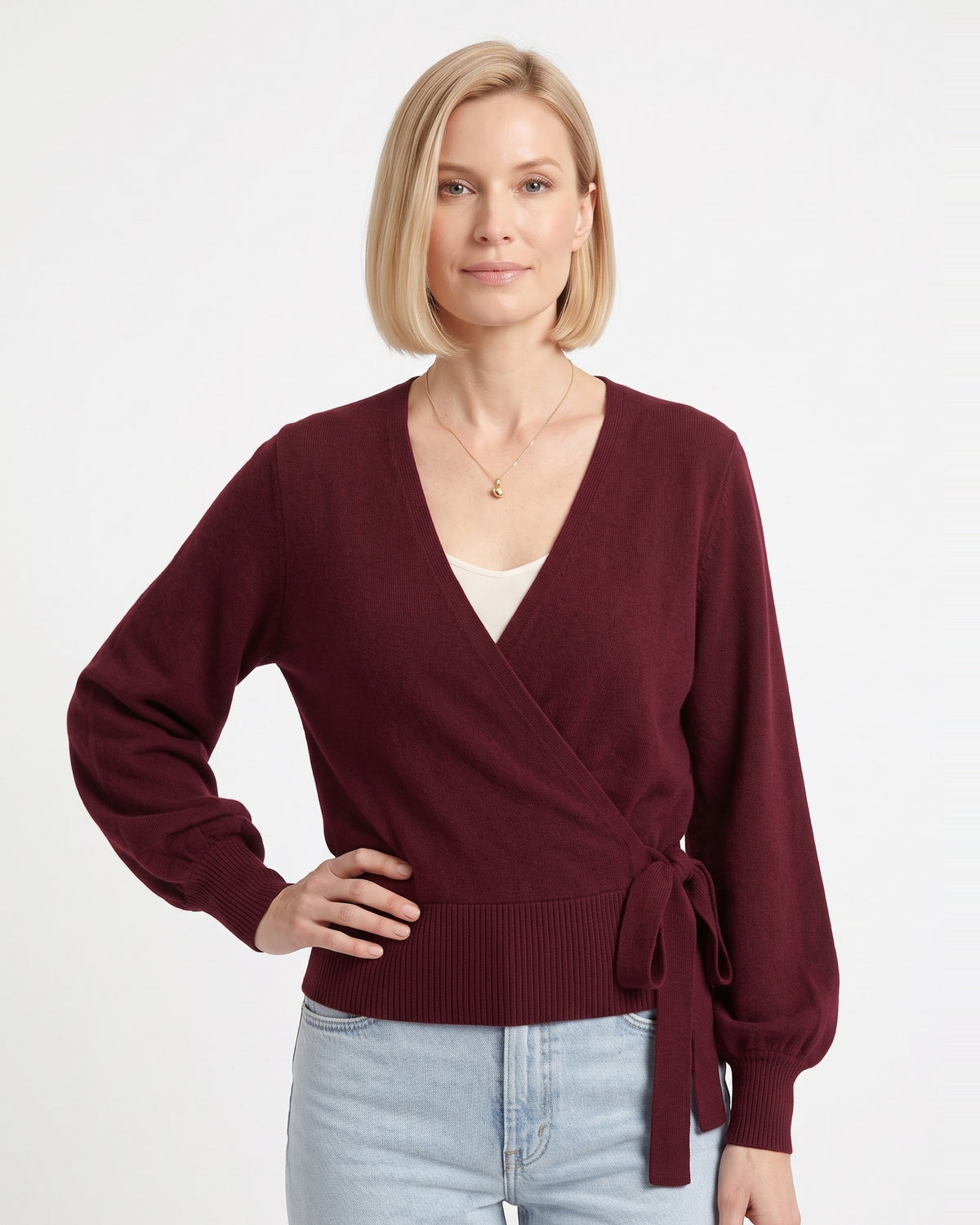 Burgundy cropped wrap knit sweater with V-neck and side tie waist, long sleeves